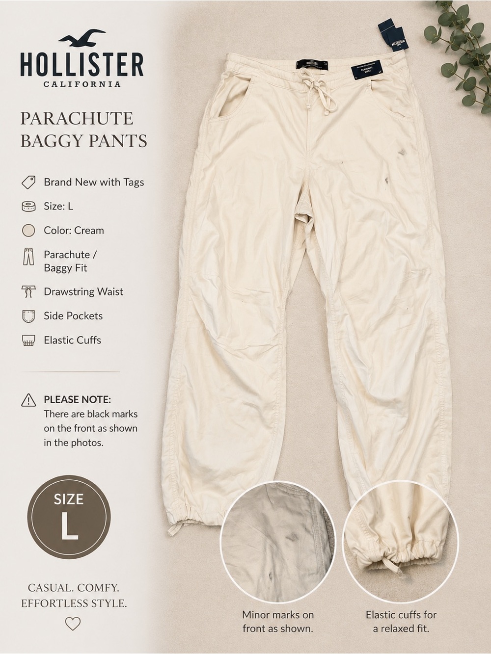 Hollister Cream Parachute Cargo Pants